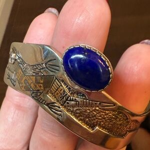 Vintage 925 Sterling Silver 14k Gold Cuff Bracelet with Lapis Stone.